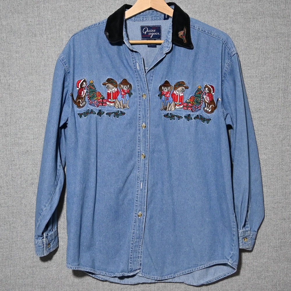 Let's Quizz Again Denim Shirt Womens Embroidered Christmas Cats M Blue Hong Kong